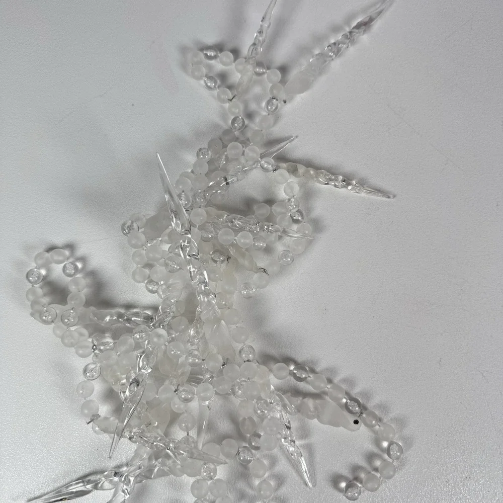 2 Vintage Beaded Icicle Garland Strands 7' Christmas Trim Frosted Clear Plastic